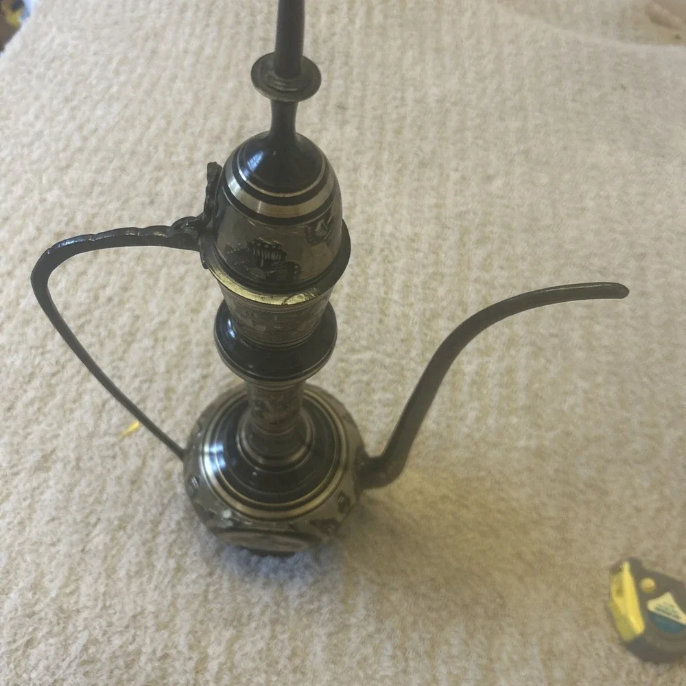Vintage Brass And Black Etched Surahi Vessel - 18‎ 1/2